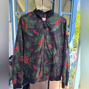 Bershka Black Jacket with Green Leaf and Red Floral Print